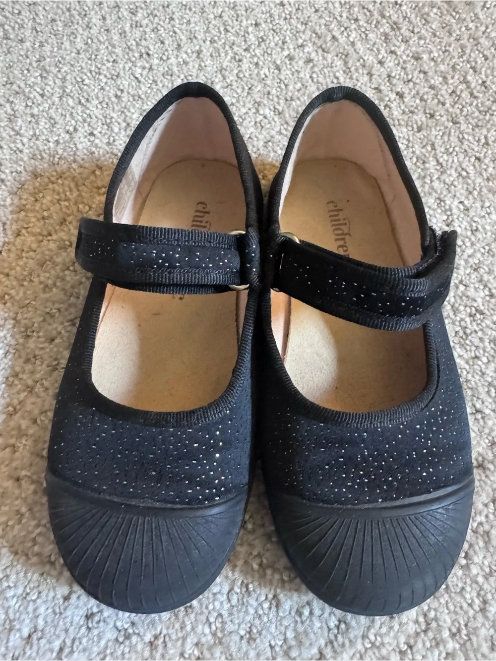 Girls' Black Sparkle Mary Jane Dress Shoes with Hook-and-Loop Strap